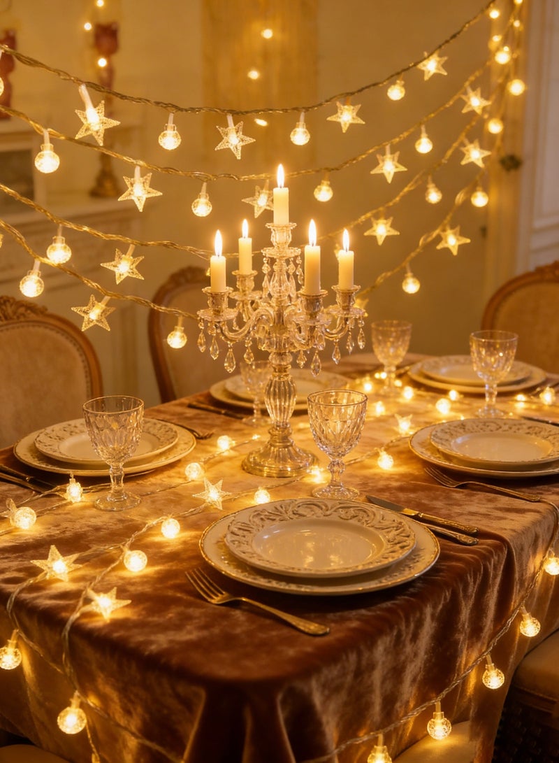 ليد مصابيح زينة رمضان بطول 10 أمتار - 80 مصباح LED أبيض دافئ على شكل نجوم وكرات | مصابيح ستائر مقاومة للماء IP65 للاستخدام الداخلي والخارجي، تعمل بمنفذ USB - مثالية لرمضان، ديوالي، ديكور المنزل، غرفة النوم، الحديقة، الحفلات، الطاولة، الفناء - Image 4